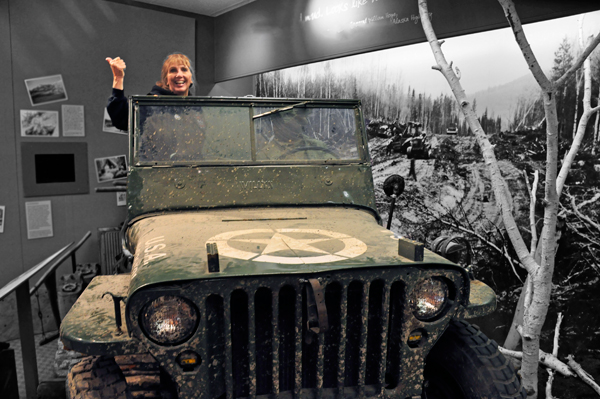 Karen Duquette in the jeep